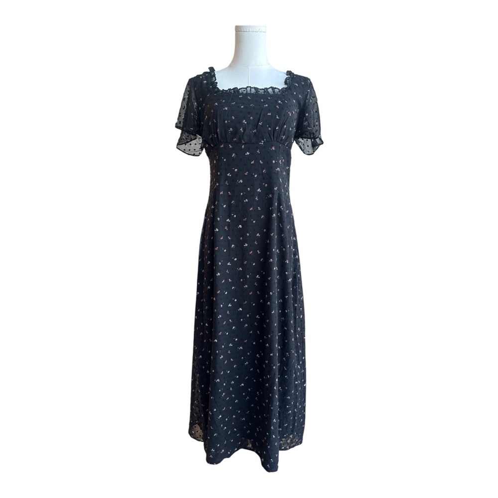 MDC2- Black floral maxi dress with lace trim and short sleeves size small